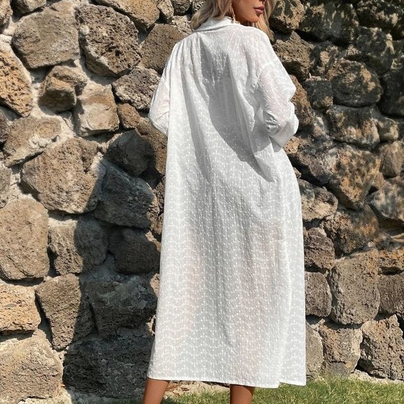 White Boho Womens Solid Button Front Longline Blouse - Picture 2 of 5